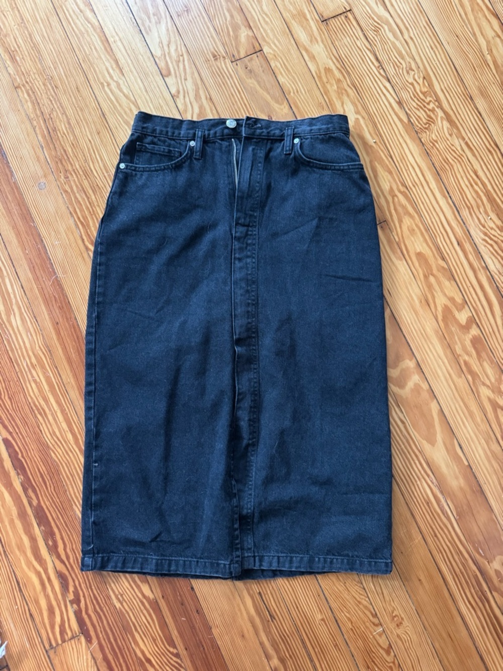 Mango Black Denim Midi Skirt with Front Seam